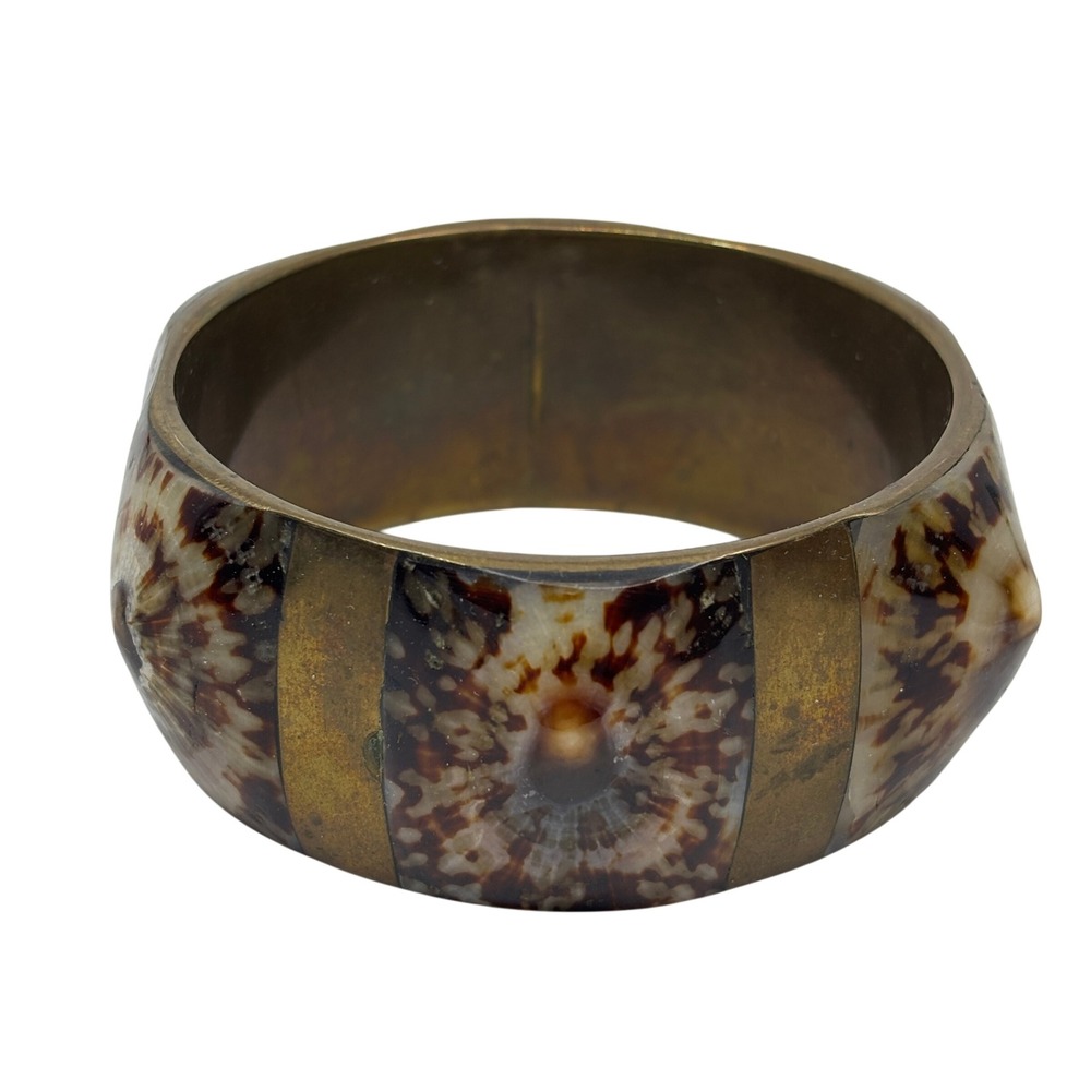 Vintage Brass and Shell Inlay Bangle Bracelet Chunky Geometric Boho Statement